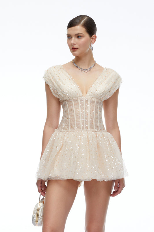 Arabella Neutral Sequin Mini Dress with Flutter Sleeves