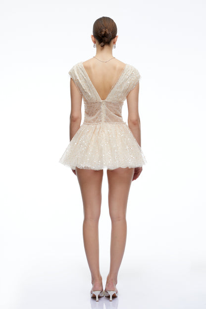 Arabella Neutral Sequin Mini Dress with Flutter Sleeves