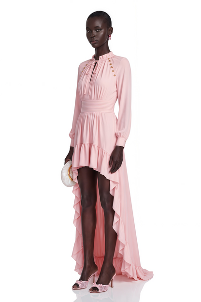 Arabella Pink Ruffled Asymmetrical Maxi Dress