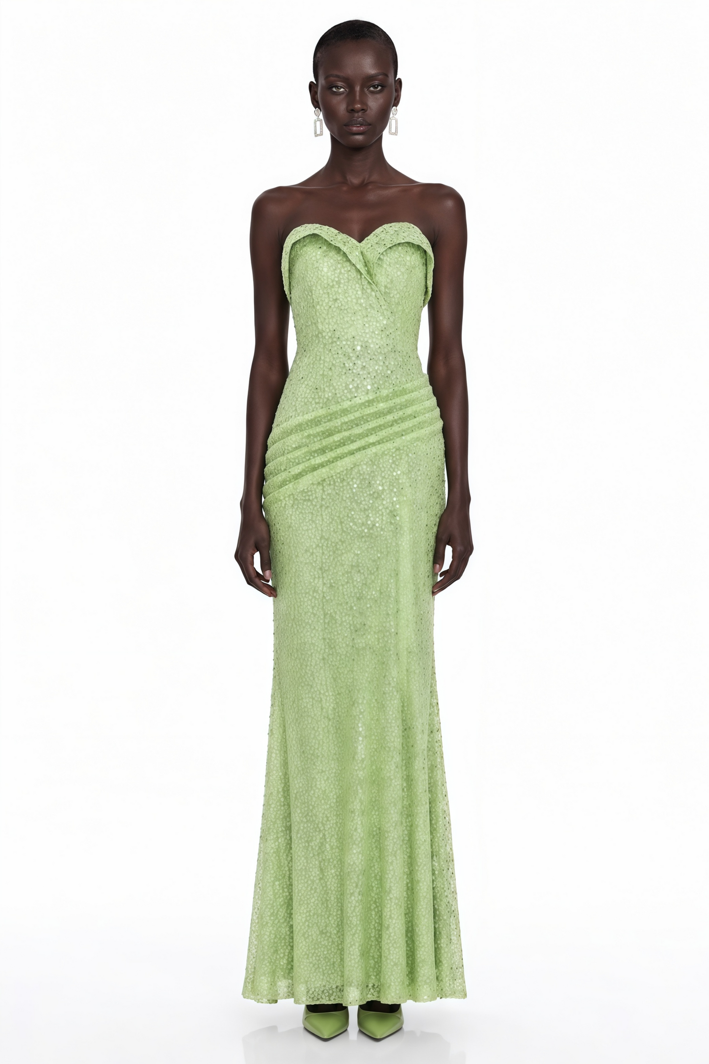 Arapuni Green Off Shoulder Rhinestone Maxi Dress