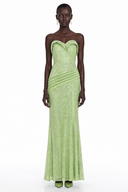 Arapuni Green Off Shoulder Rhinestone Maxi Dress