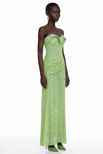 Arapuni Green Off Shoulder Rhinestone Maxi Dress