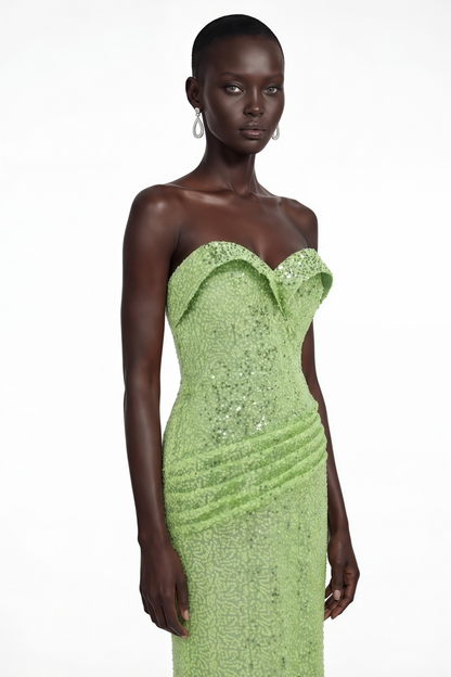 Arapuni Green Off Shoulder Rhinestone Maxi Dress