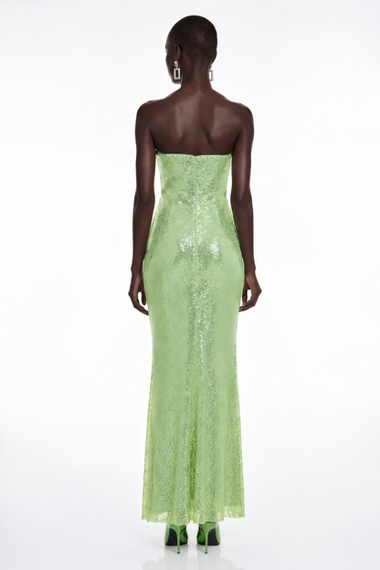 Arapuni Green Off Shoulder Rhinestone Maxi Dress