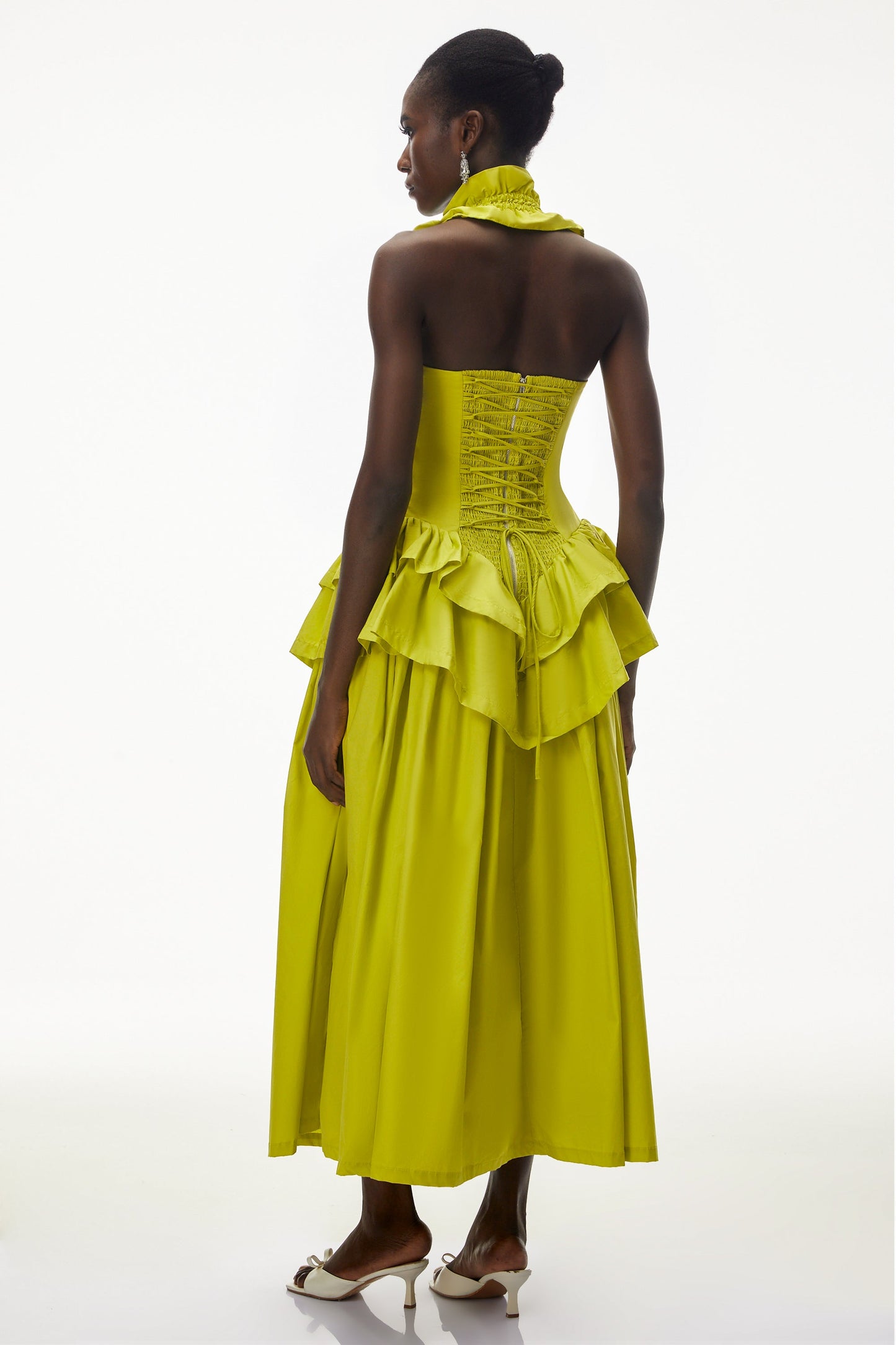 Arezoo Green Mock Neck Ruffled Midi Dress
