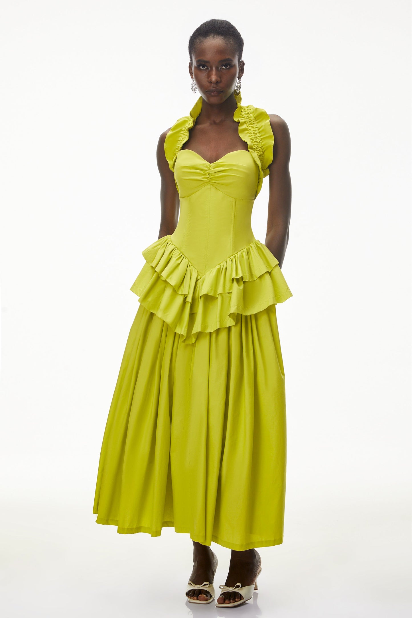 Arezoo Green Mock Neck Ruffled Midi Dress