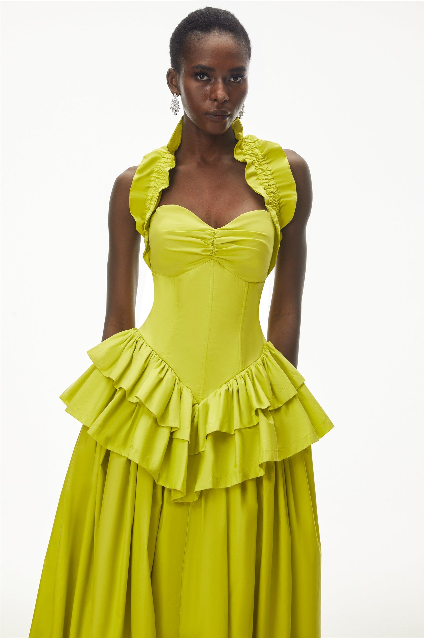 Arezoo Green Mock Neck Ruffled Midi Dress
