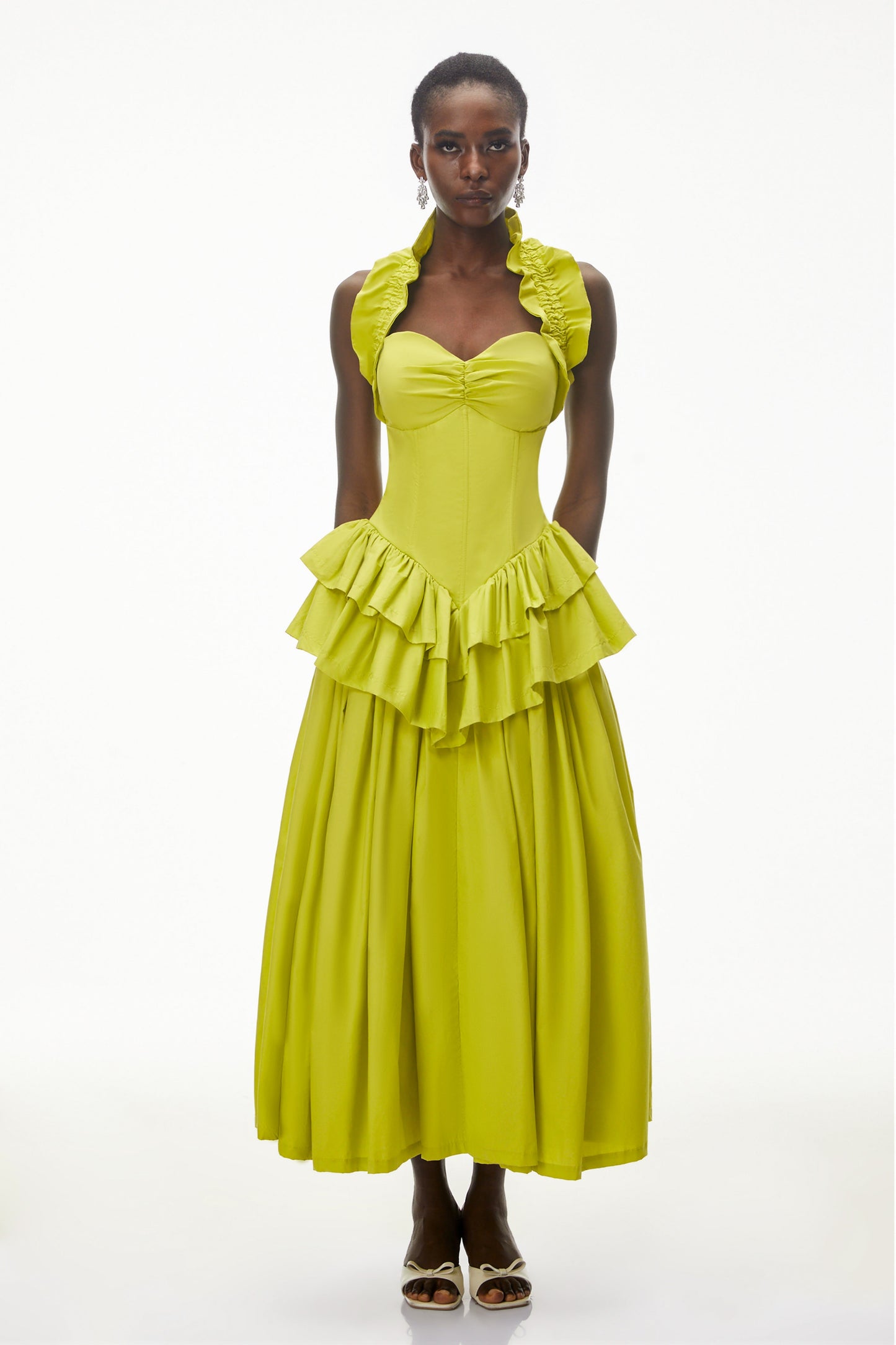 Arezoo Green Mock Neck Ruffled Midi Dress