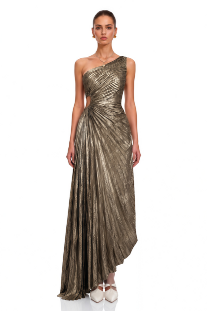 Aria Bronze One Shoulder Pleated Maxi Dress