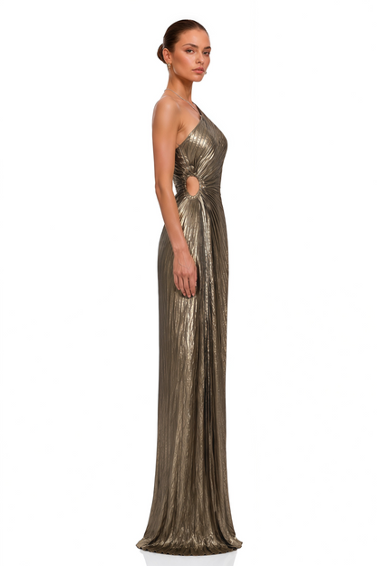 Aria Bronze One Shoulder Pleated Maxi Dress