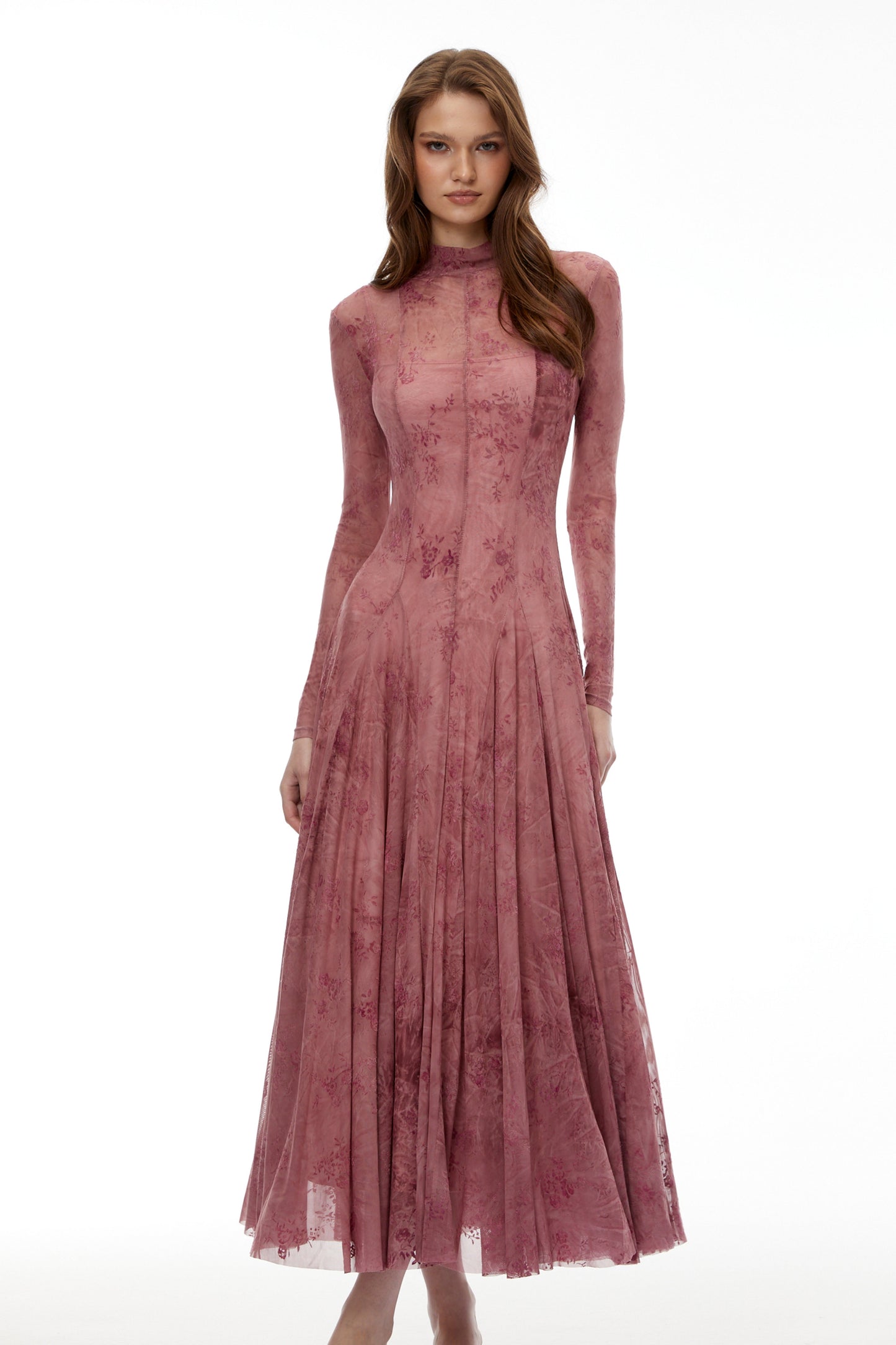 Ariadne Pembe Floklu Tül Maxi Elbise