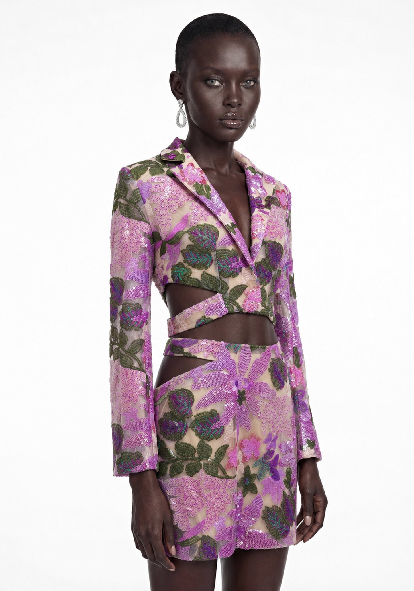 Ariana Purple Floral Sequin Cut-out Blouse & Skirt Set