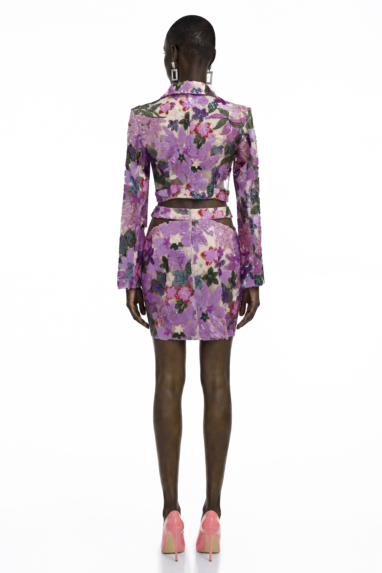Ariana Purple Floral Sequin Cut-out Blouse & Skirt Set