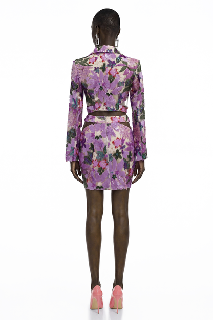 Ariana Purple Floral Sequin Cut-out Blouse & Skirt Set