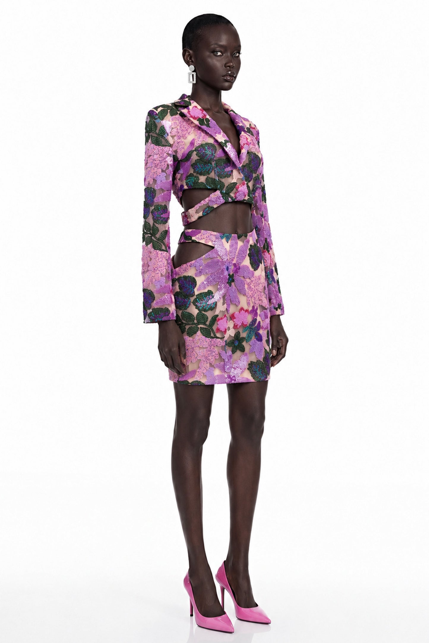 Ariana Purple Floral Sequin Cut-out Blouse & Skirt Set