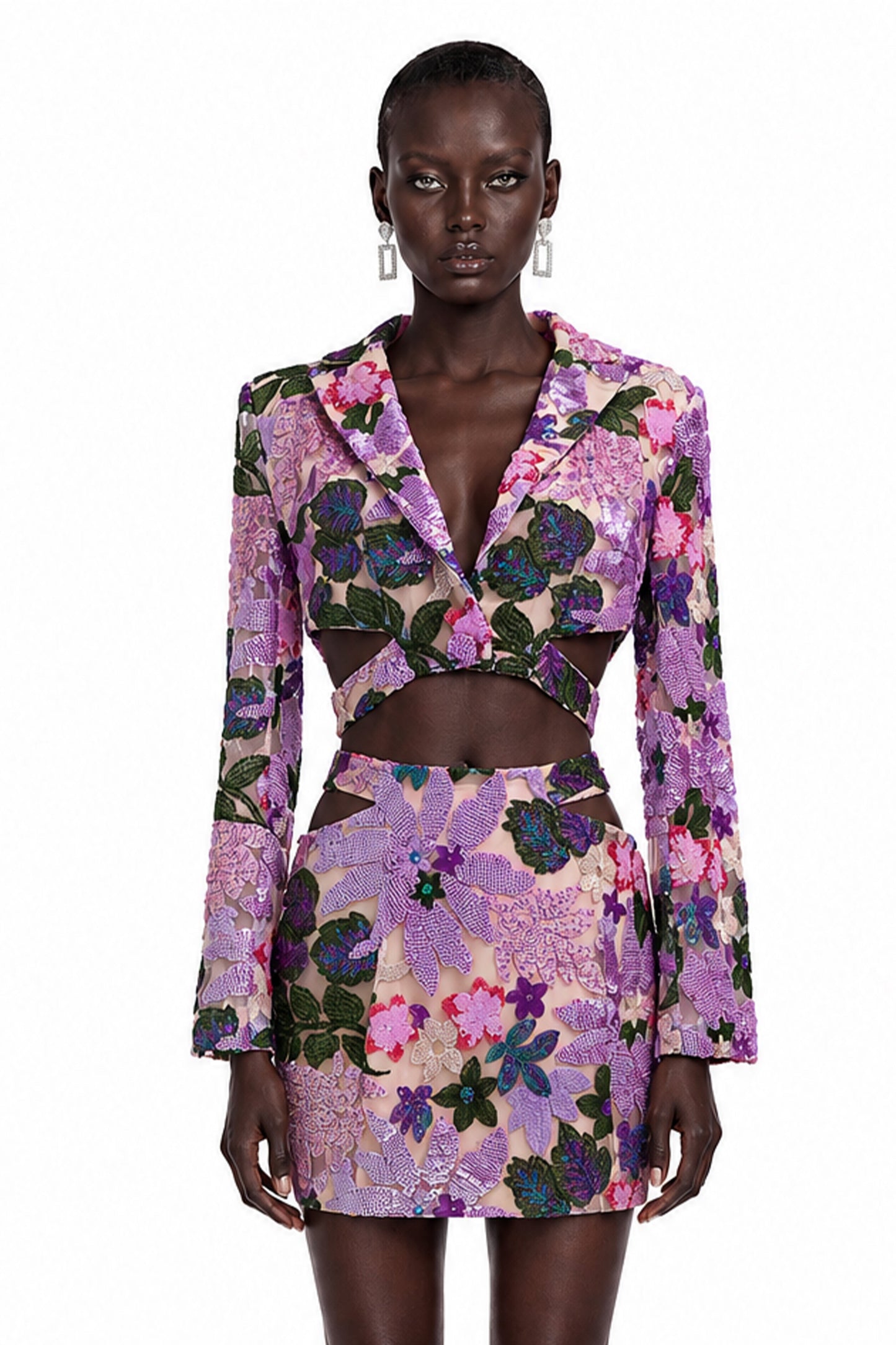 Ariana Purple Floral Sequin Cut-out Blouse & Skirt Set
