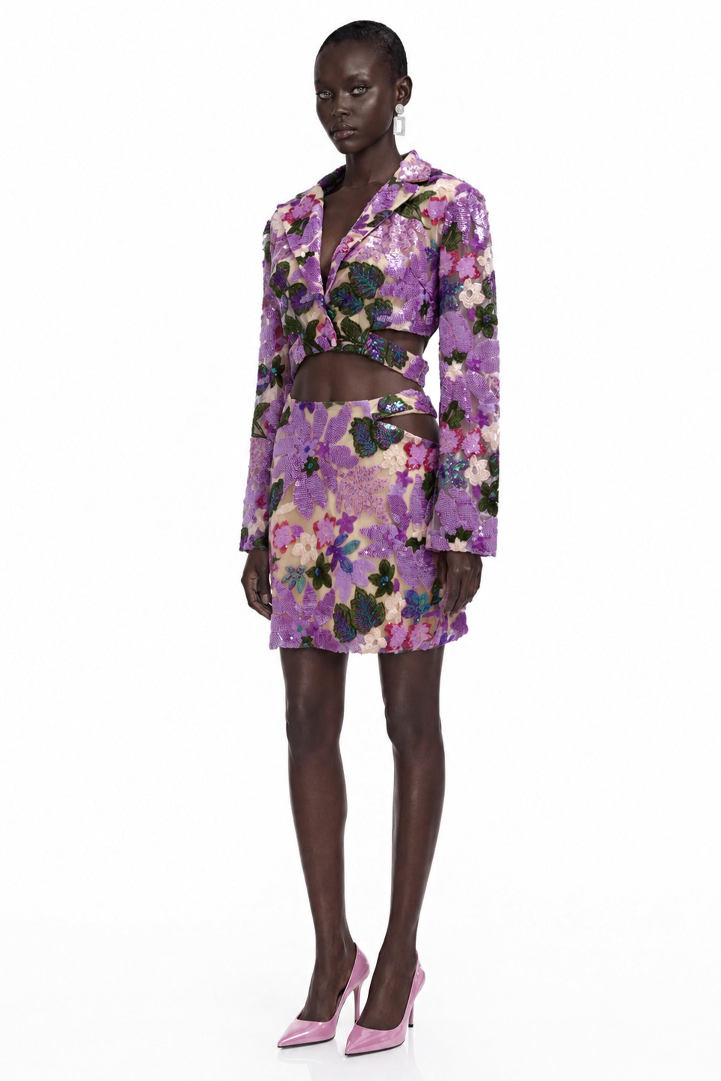 Ariana Purple Floral Sequin Cut-out Blouse & Skirt Set