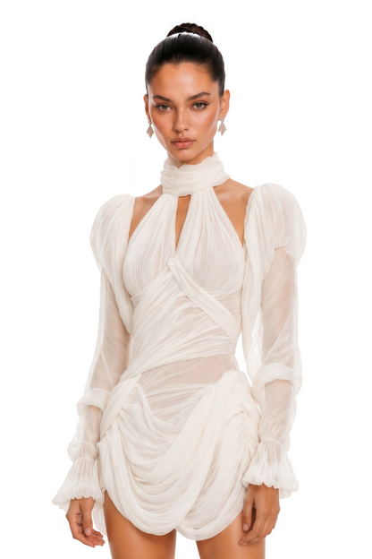 Arielle White Halterneck Ruched Mini Dress