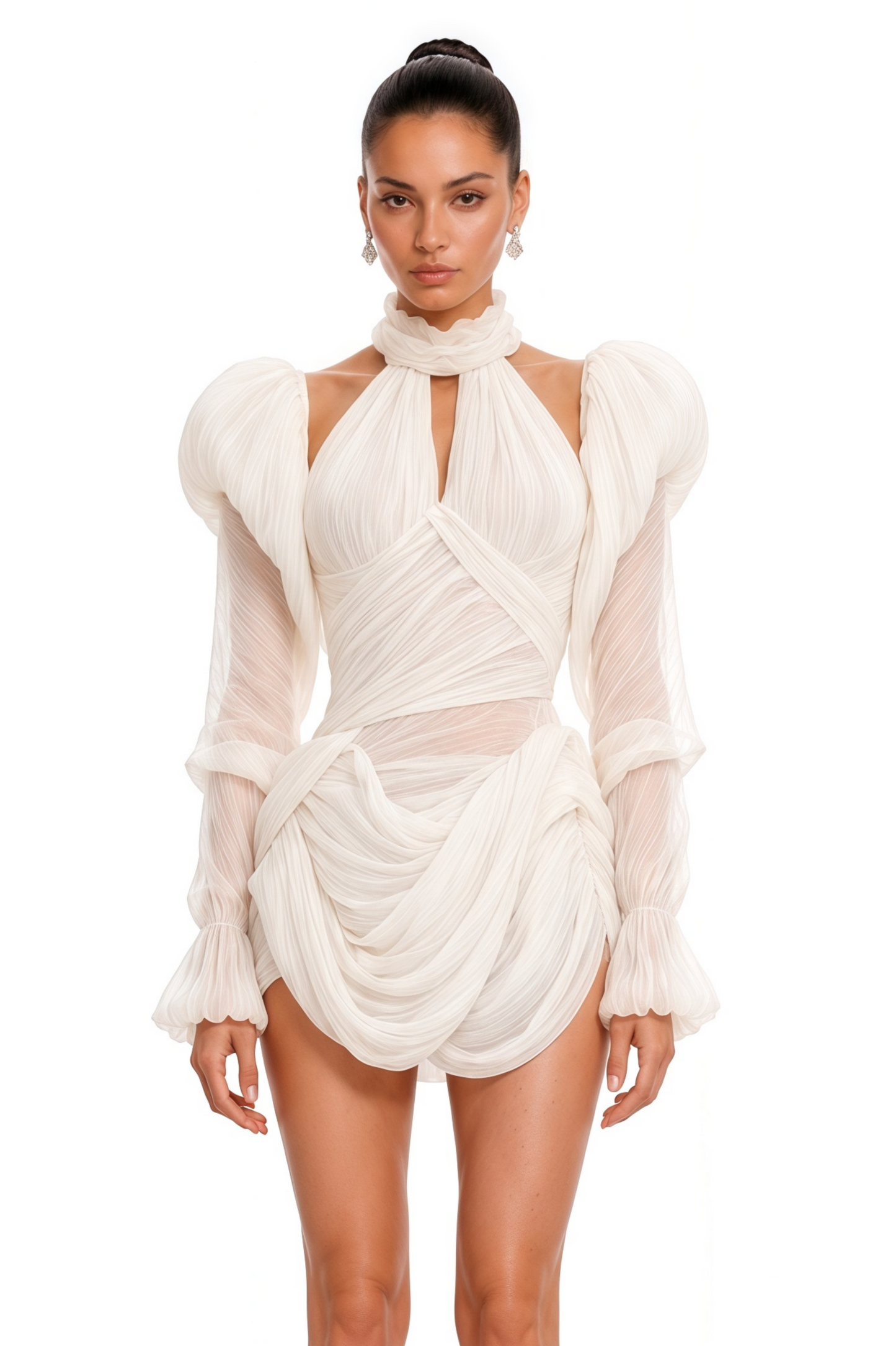 Arielle White Halterneck Ruched Mini Dress