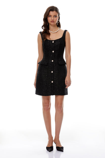 Arna Black Square Neck Tweed Mini Dress