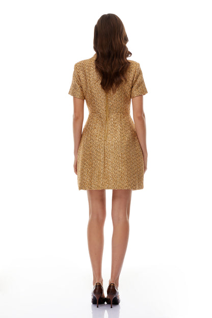 Arna Gold Round Neck Tweed Mini Dress