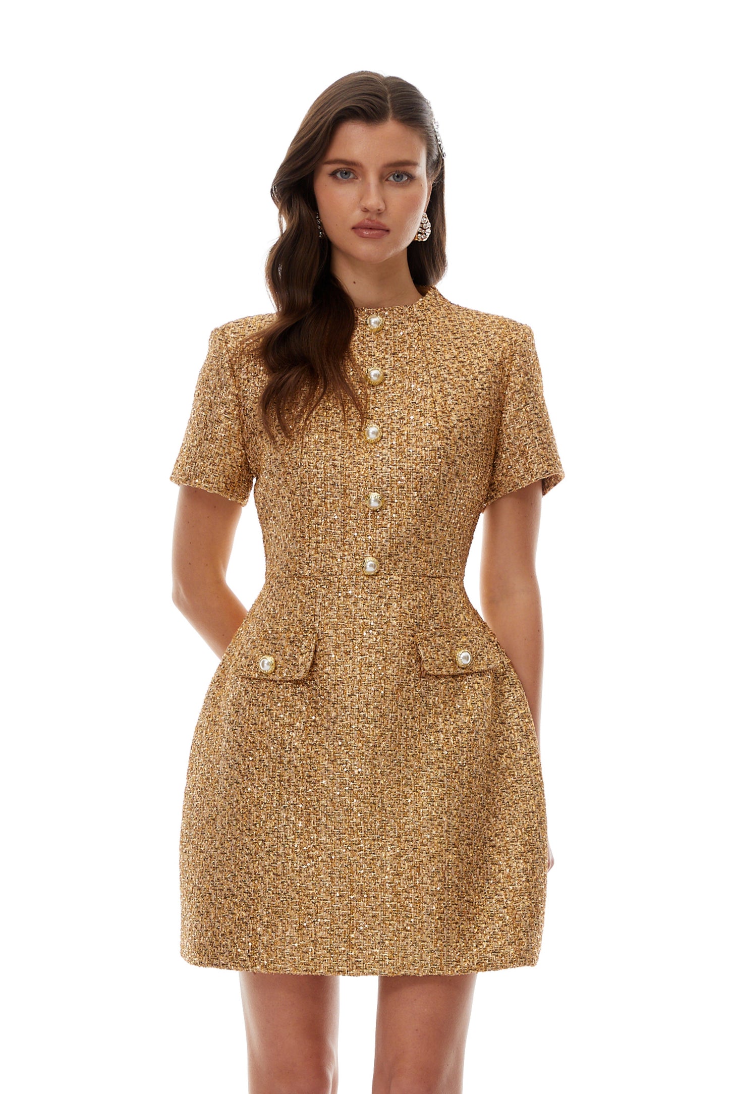 Arna Gold Round Neck Tweed Mini Dress