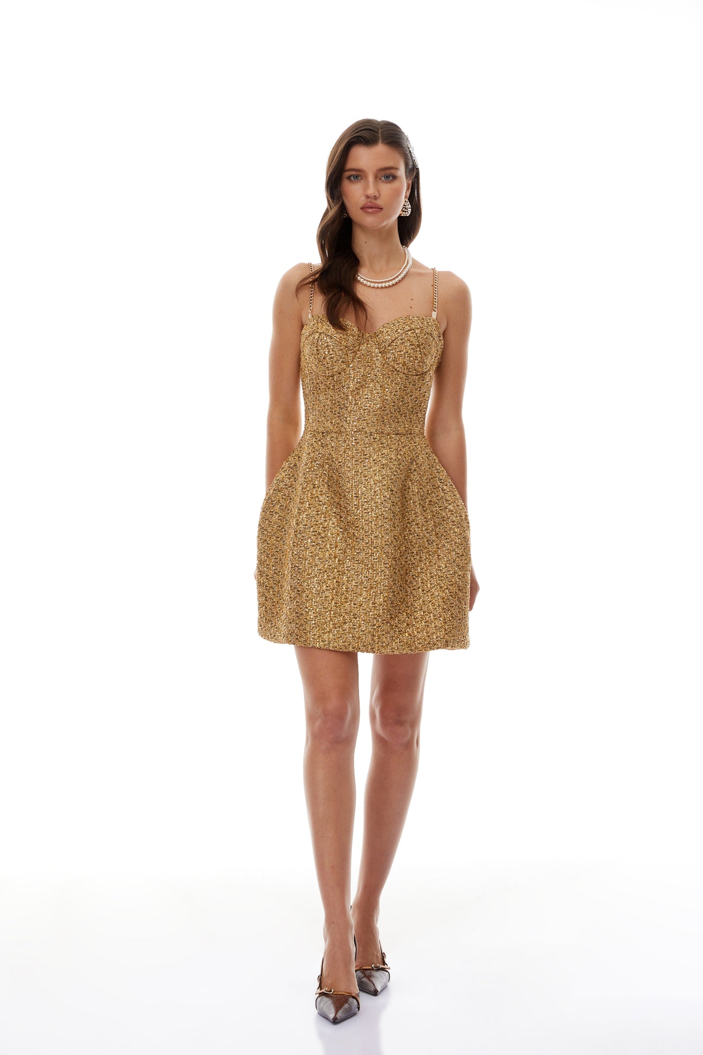 Arna Gold Sweetheart Neckline Tweed Mini Dress