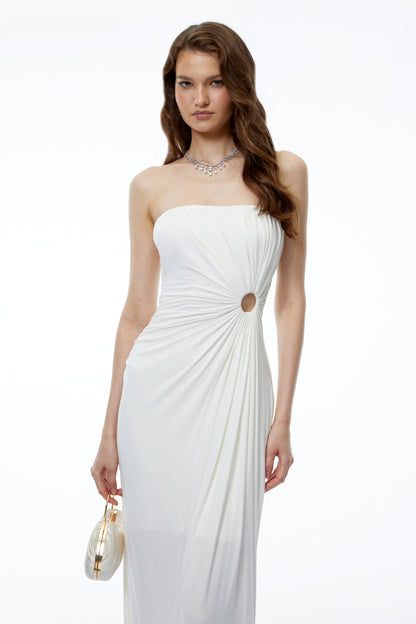 Aroha Beyaz Düşük Omuz Dantelli Maxi Elbise