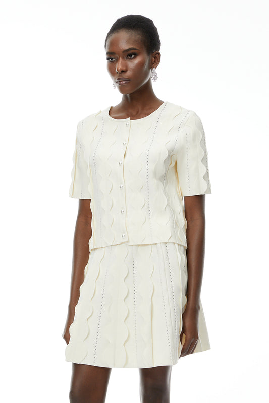 Ásdís White Beaded Blouse & Skirt Set