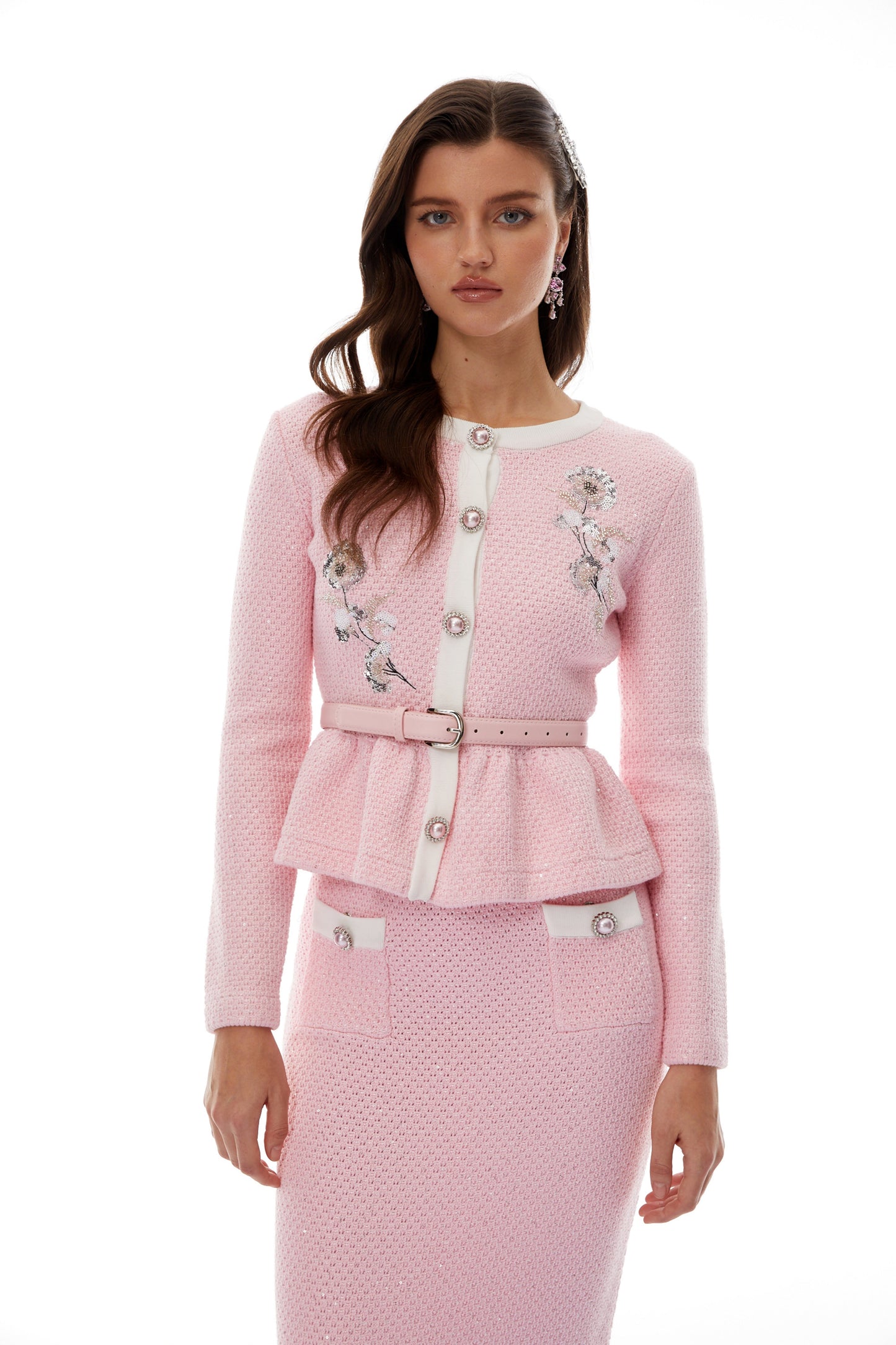 Ásdís Pink Sequined Knit Cardigan & Skirt Set