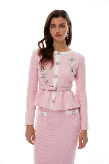 Ásdís Pink Sequined Knit Cardigan & Skirt Set