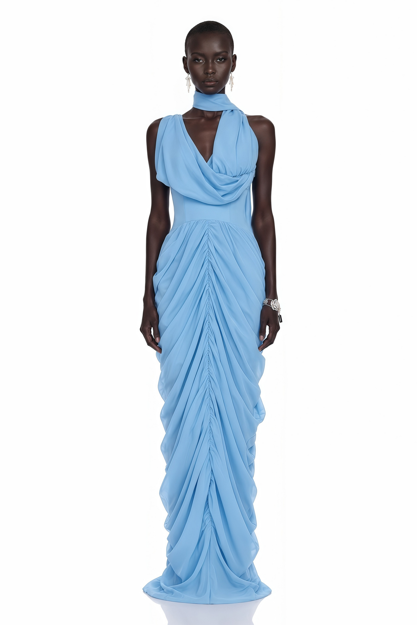 Astraelle Light Blue Ruched Halter Maxi Dress
