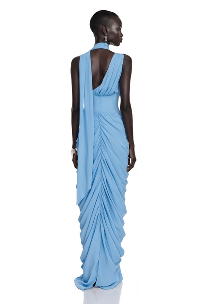 Astraelle Light Blue Ruched Halter Maxi Dress