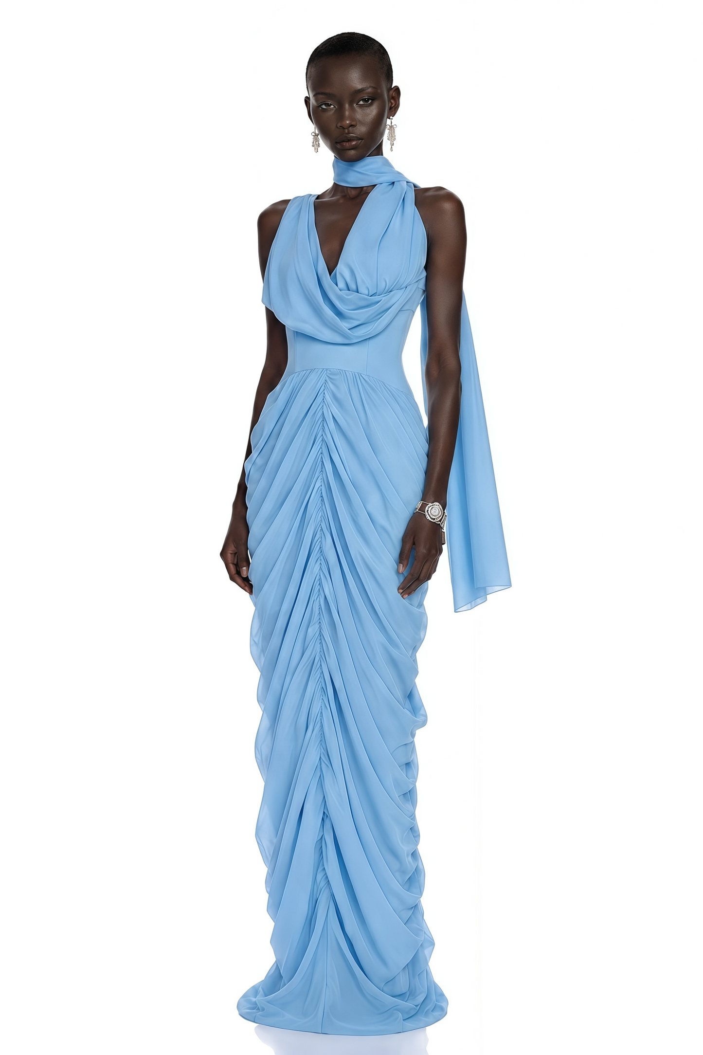 Astraelle Light Blue Ruched Halter Maxi Dress