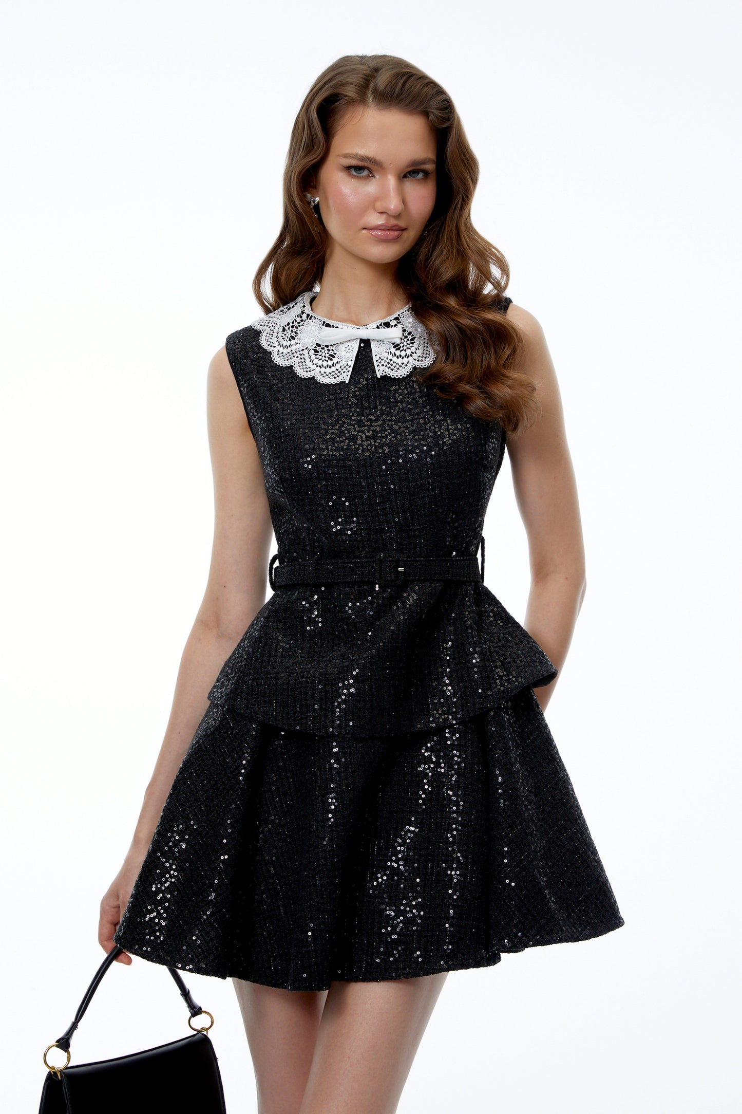 Ata Black Sequin Lace Trim Mini Dress