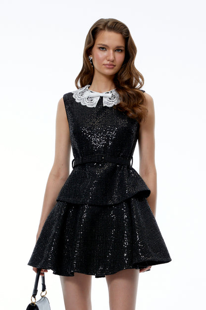 Ata Black Sequin Lace Trim Mini Dress
