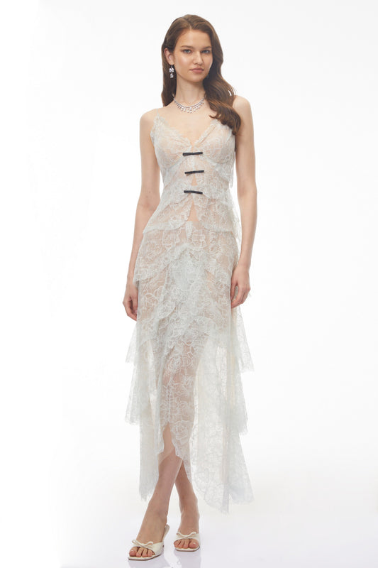Atousa Blue Layered Floral Lace Maxi Dress with Bow