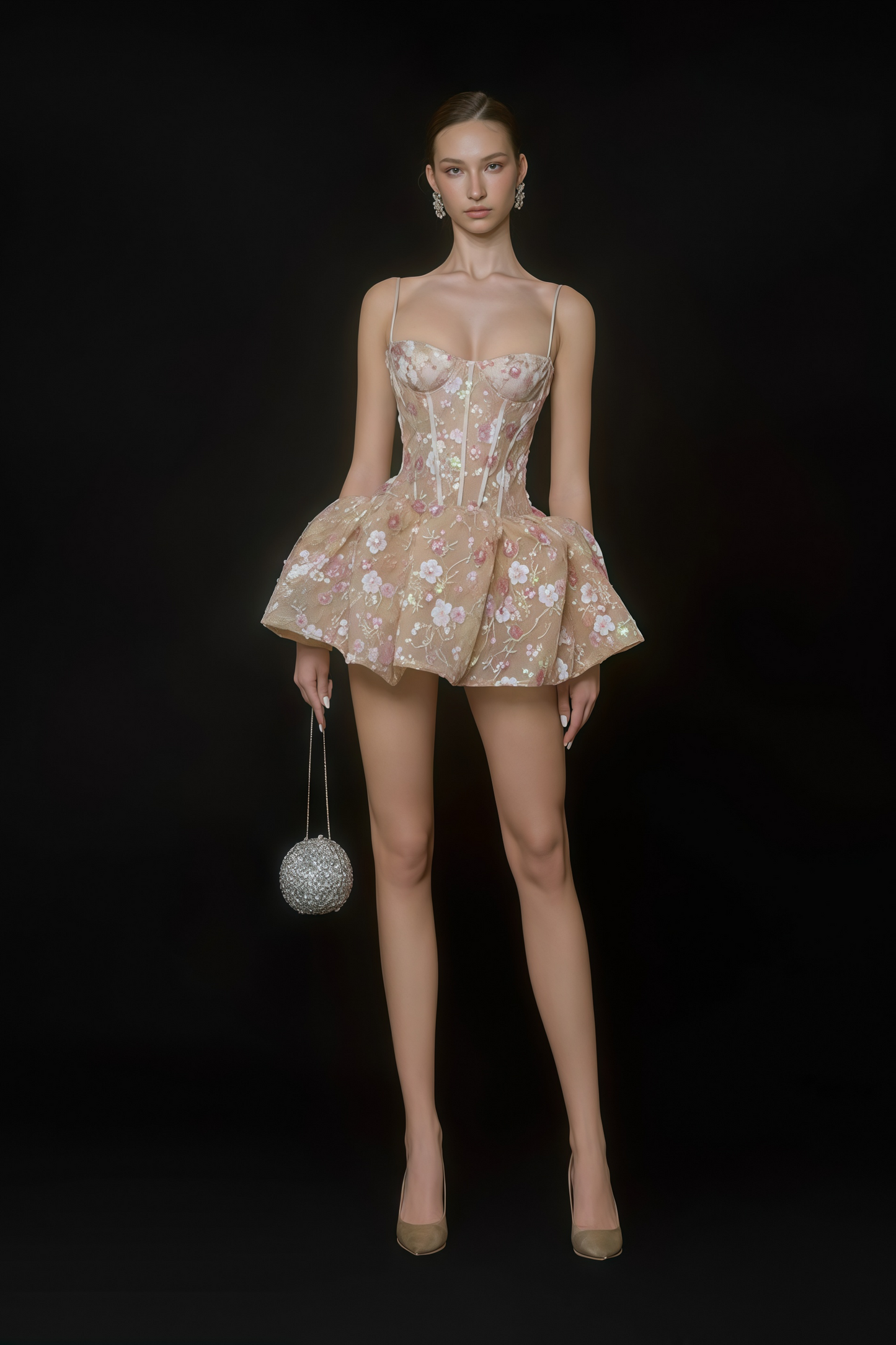 Aureliana Nude Floral Embroidered Sequin Mini Dress