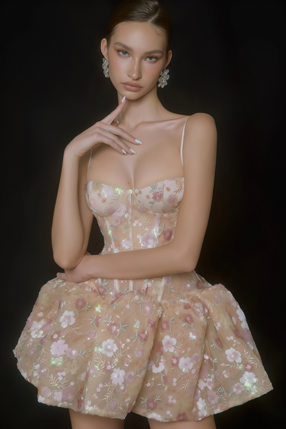Aureliana Nude Floral Embroidered Sequin Mini Dress