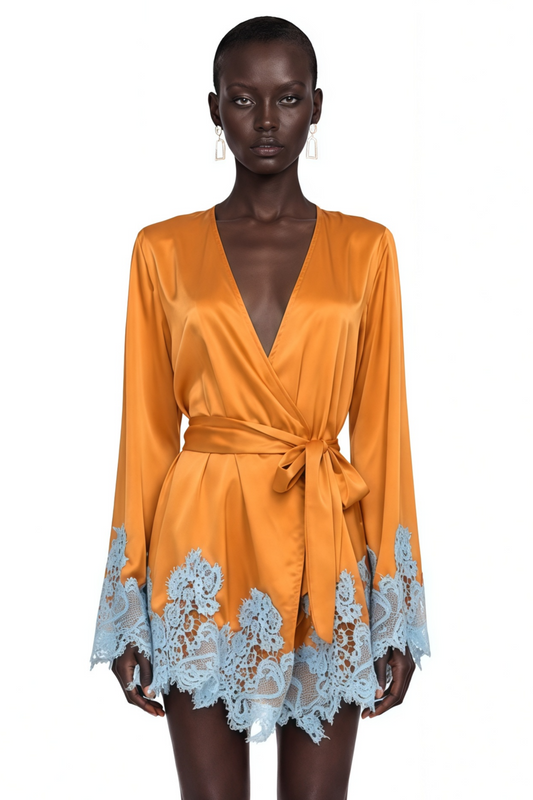 Aurelie Brown Satin Wrap Mini Dress with Lace