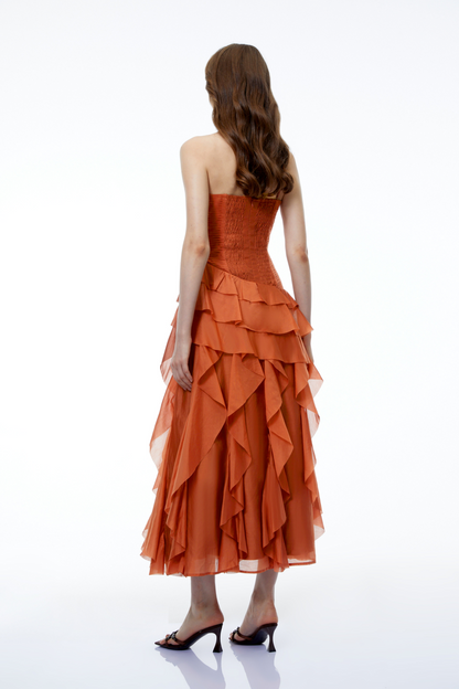 Aurelie Orange Tiered Ruffled Maxi Dress with 3D Florals