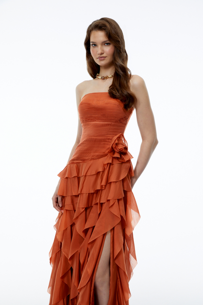 Aurelie Orange Tiered Ruffled Maxi Dress with 3D Florals