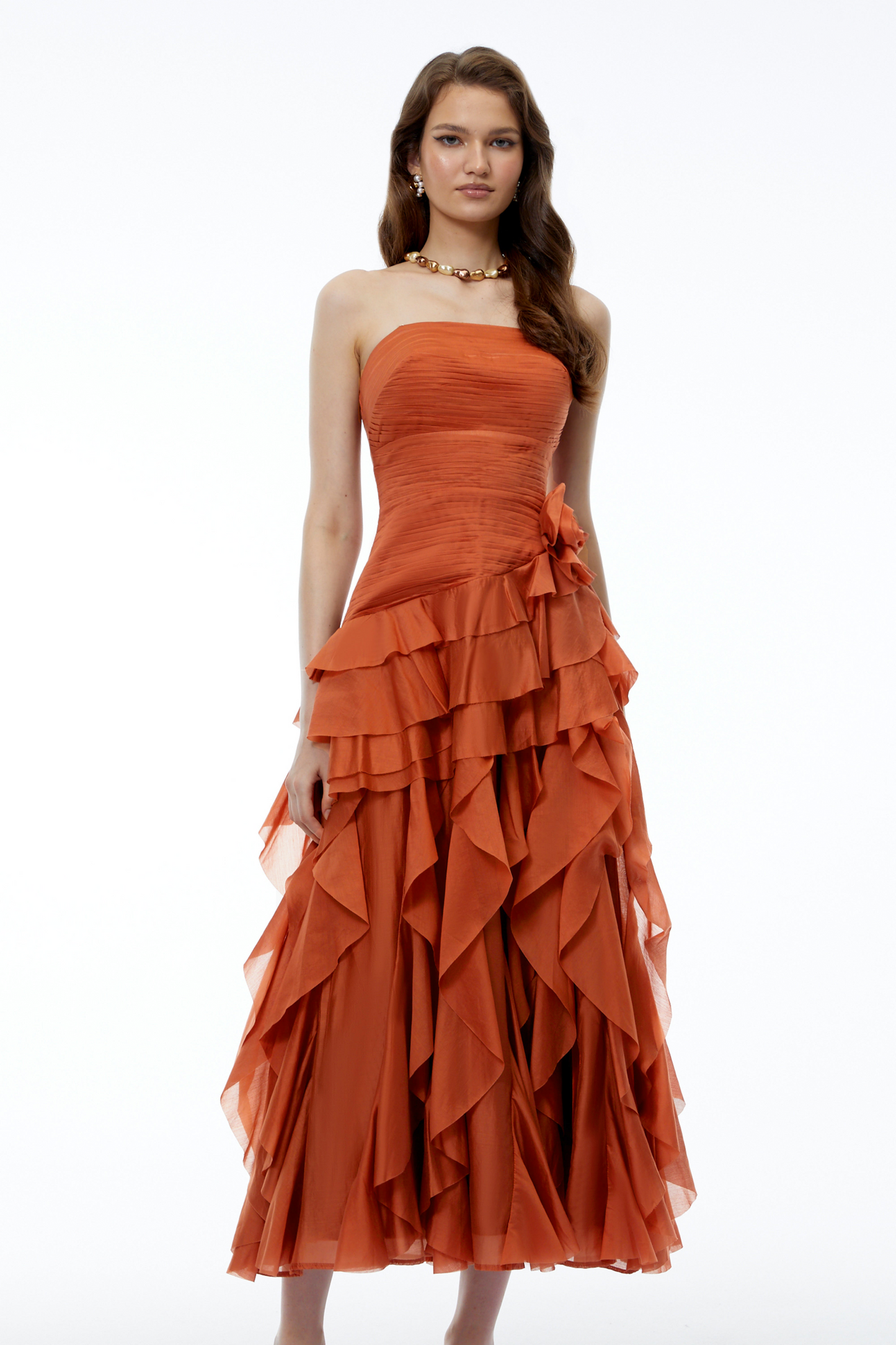 Aurelie Orange Tiered Ruffled Maxi Dress with 3D Florals