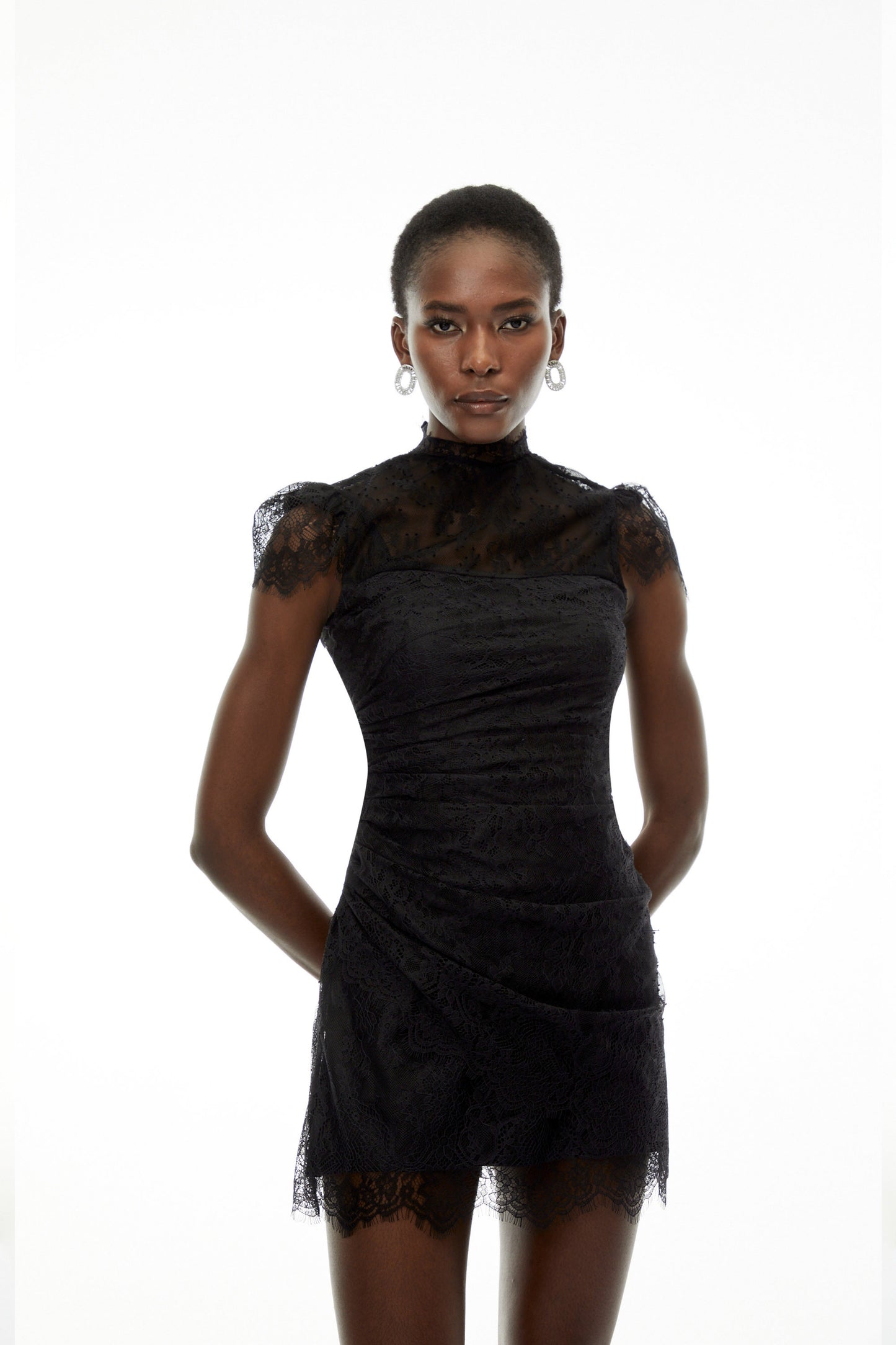Aurora Black Lace Ruched Mini Dress