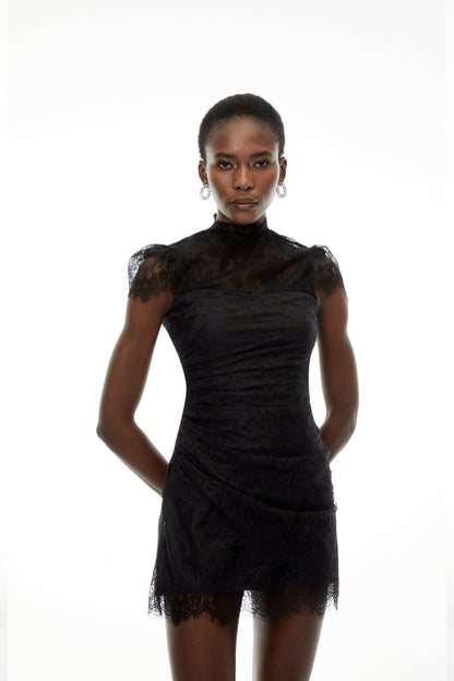 Aurora Black Lace Ruched Mini Dress