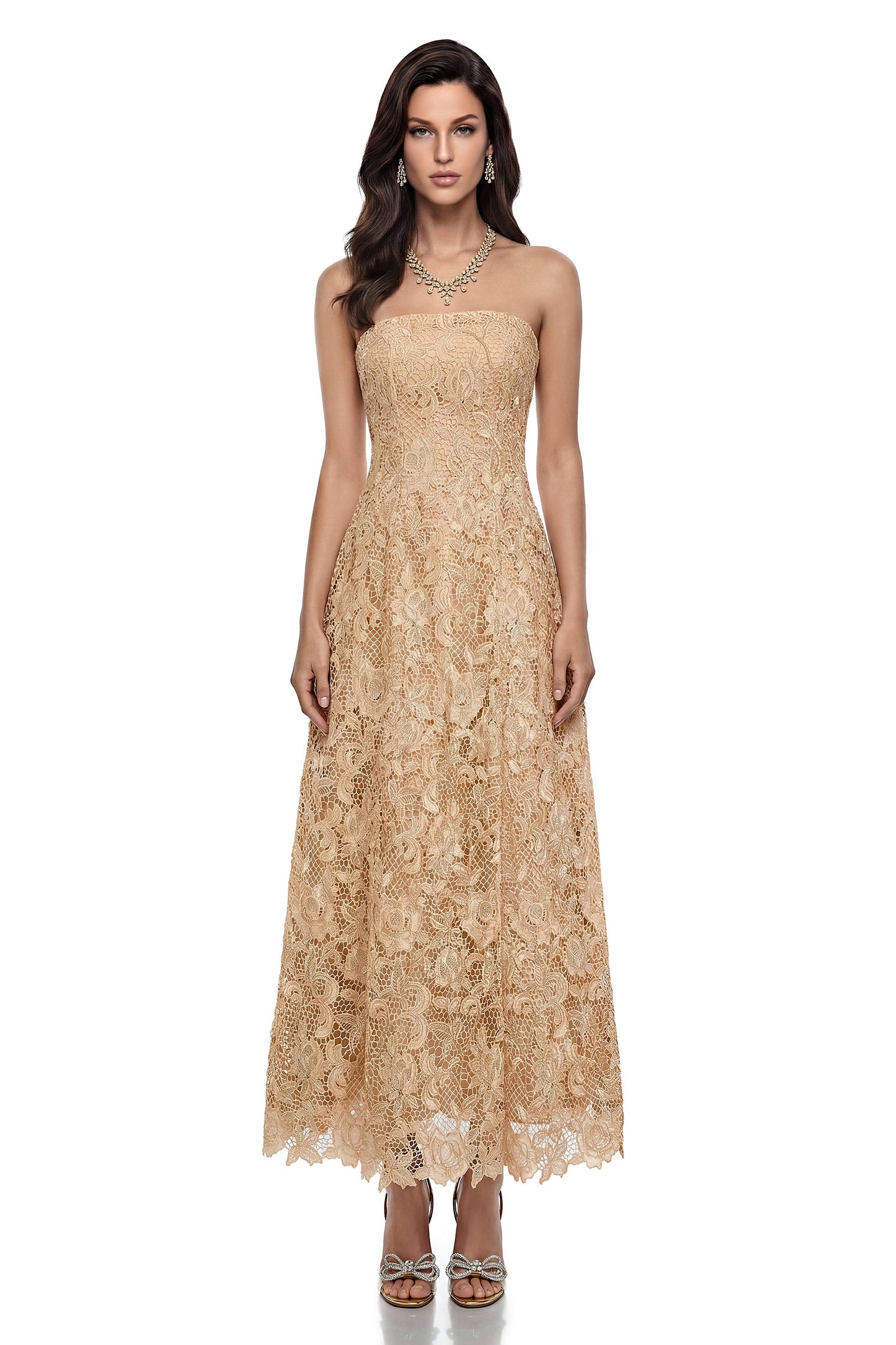Aurora Gold Off Shoulder Floral Lace Maxi Dress