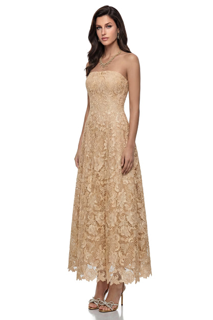 Aurora Gold Off Shoulder Floral Lace Maxi Dress
