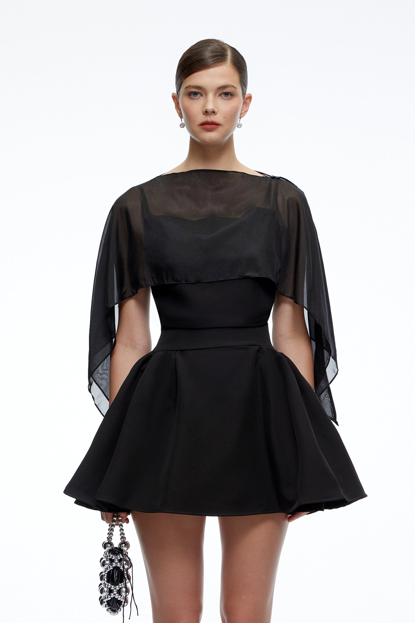 Madeleine Black Semi-Sheer Flared Mini Dress with Shawl