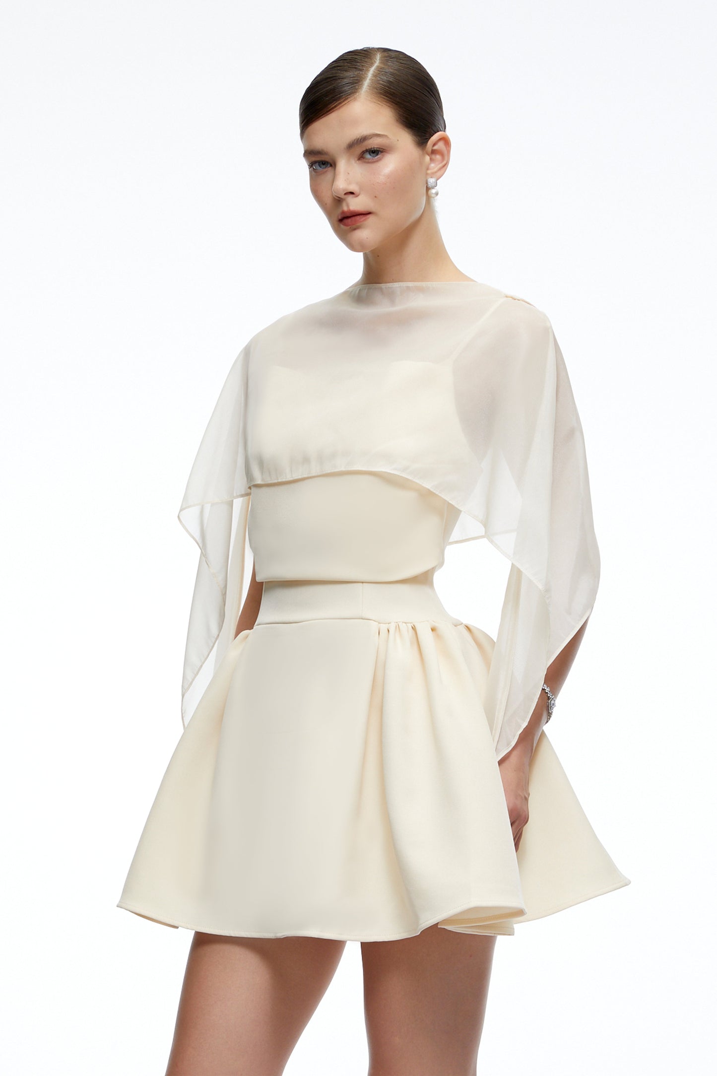 Madeleine Neutral Semi-Sheer Flared Mini Dress with Shawl