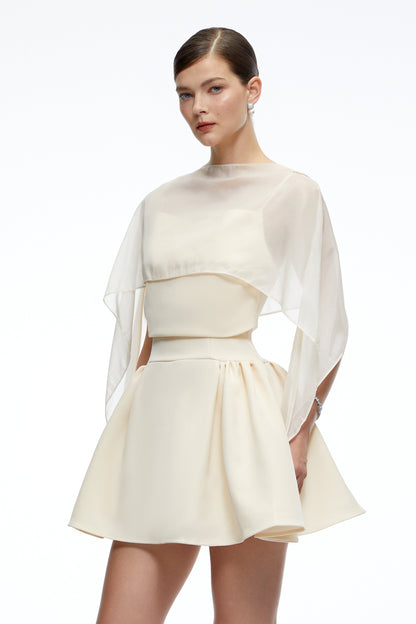 Madeleine Neutral Semi-Sheer Flared Mini Dress with Shawl